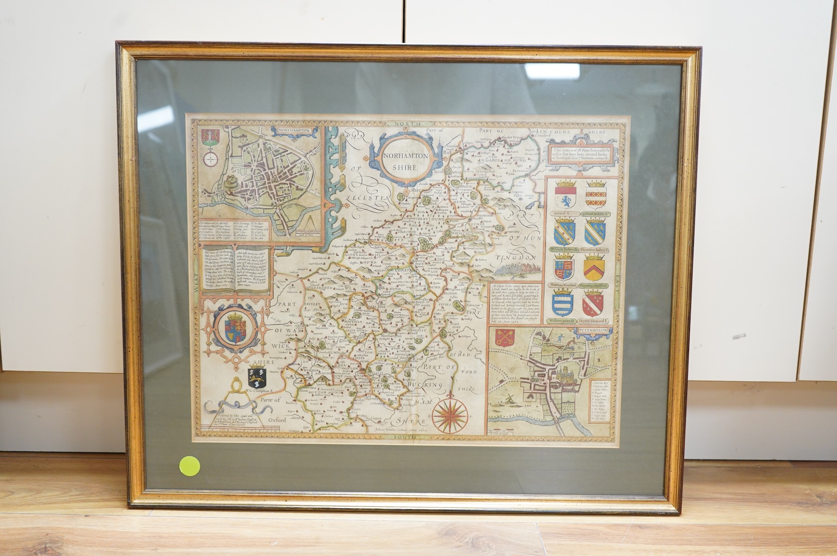 John Speed (1552-1629), Northamptonshire, sold by Thomas Bassett and Richard Chiswell, hand coloured engraved map, published 1676, text and gallery label verso, 39 x 51cm
